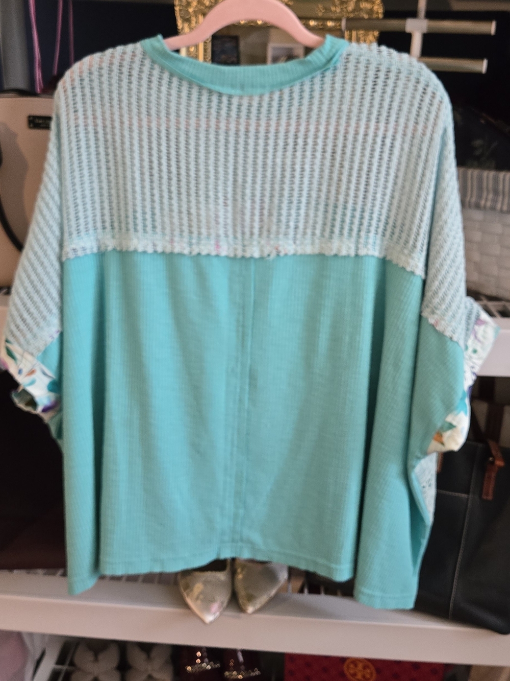 POL Aqua Mixed-Knit Pullover with Floral Center Panel - Picture 4 of 7